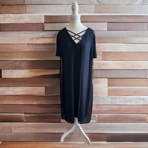 Joseph Ribkoff Navy Blue sheer overlay shift dress crisscross neckline with gold